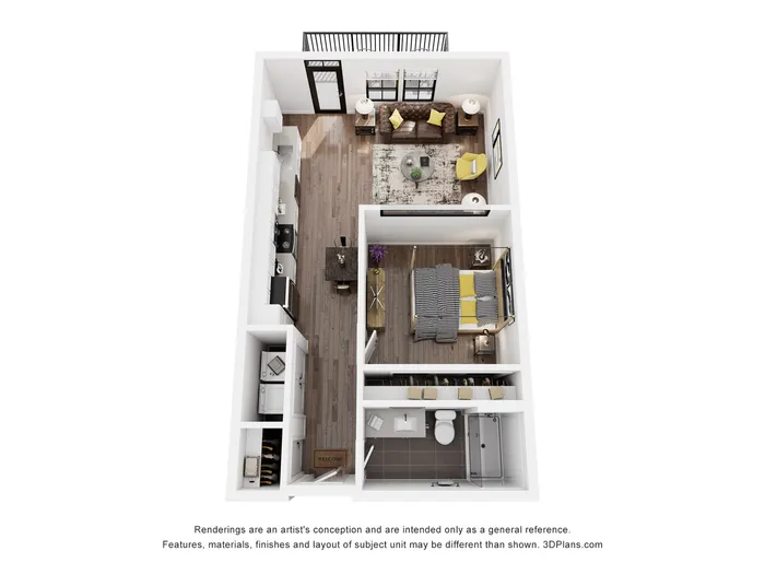 Modern open-concept floor plan featuring a cozy living area, sleek kitchen, spacious bedroom, and contemporary bathroom.