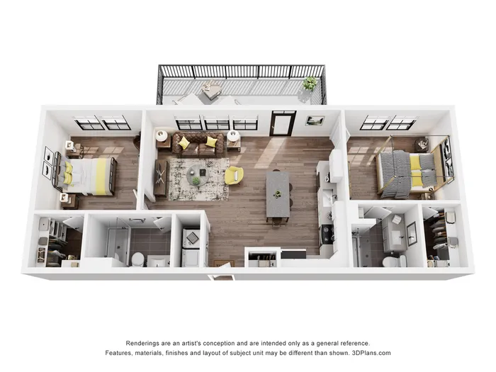 Modern 3D floor plan showcasing two bedrooms, stylish open-concept living area, and elegant kitchen with balcony access.