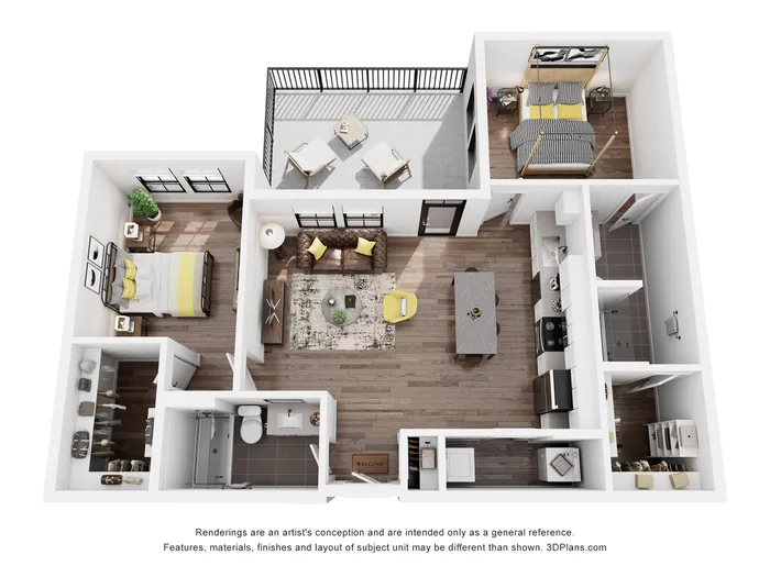 Elegant 3D floor plan showcasing a stylish two-bedroom apartment with balcony, open-concept living area, modern kitchen, and luxurious bathroom.