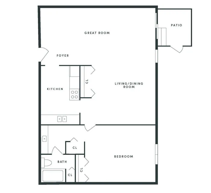 Modern floor plan featuring one bedroom, a spacious great room, functional kitchen, and a cozy patio.