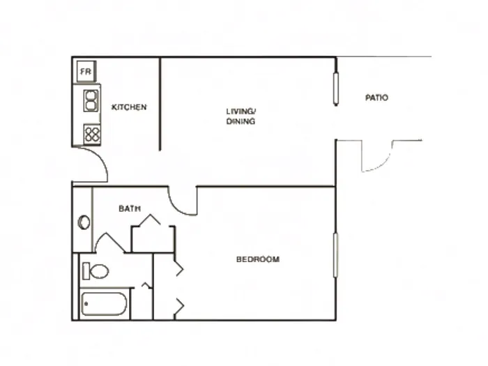Modern 2D floor plan featuring a cozy 1-bedroom layout, spacious living/dining area, and a charming patio, perfect for urban living.