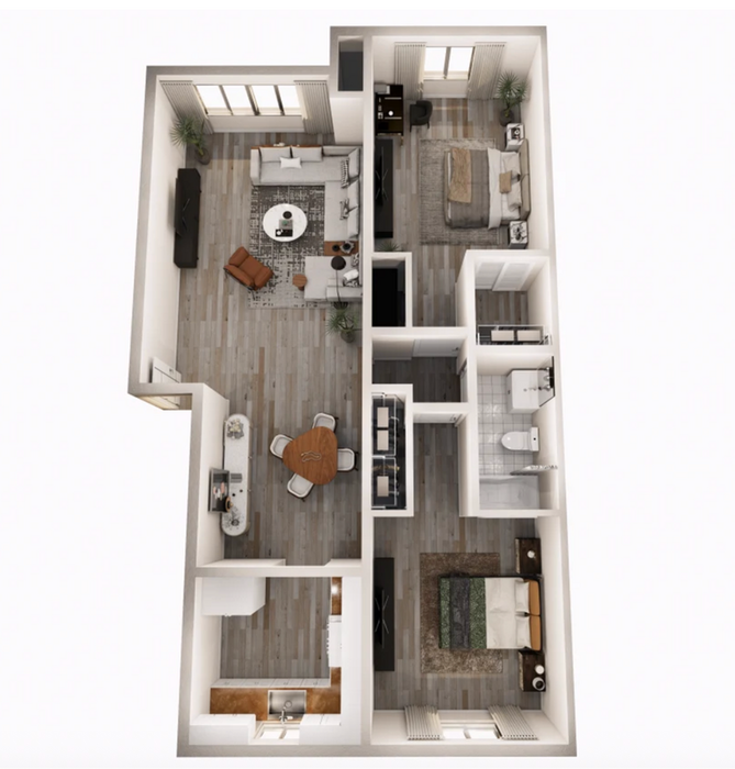 Modern 3D floor plan showcasing two bedrooms, elegant open-concept living space, and a sleek kitchen design.