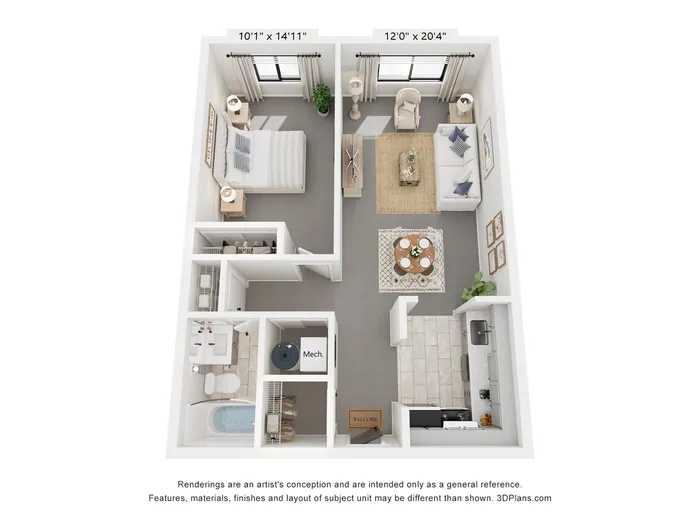 Modern apartment floor plan showcasing a spacious one-bedroom layout with an open living-dining area, stylish kitchen, and elegant bathroom.