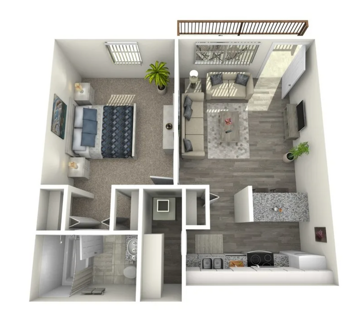 Inviting 3D floor plan showcasing a cozy one-bedroom apartment with an open-plan living area and a modern kitchen. Features a stylish living room, elegant bedroom, and compact bathroom.