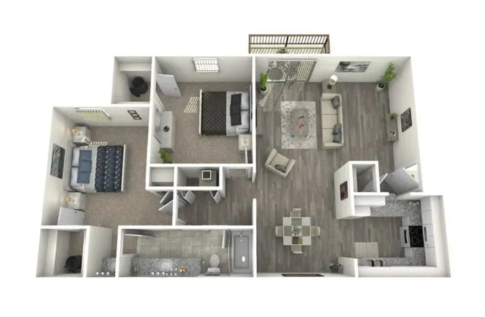 Modern 3D floor plan featuring 2 cozy bedrooms, spacious living area, elegant dining space, and a well-equipped kitchen, perfect for comfortable living.