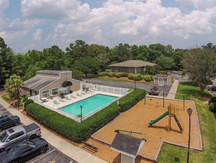 Drone Shot of Pool and Playground | Branchwood Apts.