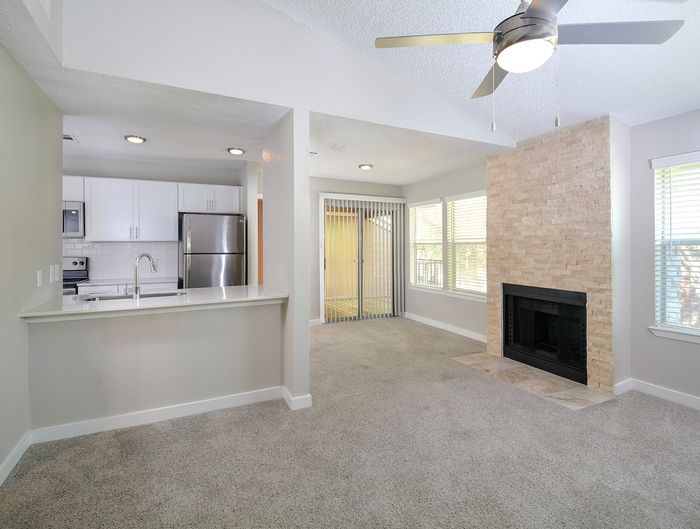 Open Kitchen | fireplace | sliding glass doors