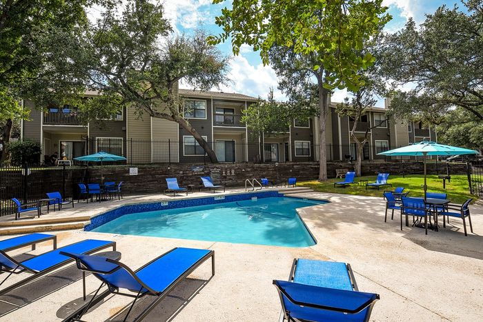 Pool with blue pool furniture