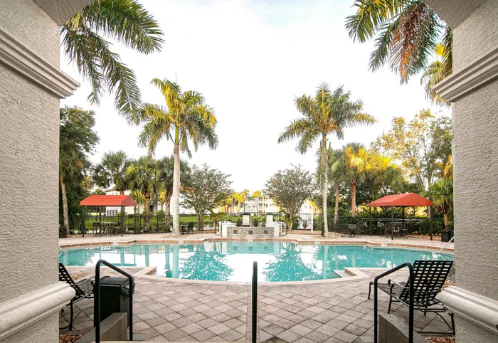 Elegant pool area with tropical palm trees, inviting lounge chairs, and cozy gazebos, perfect for relaxation and leisure.