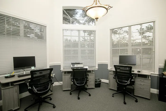 Bright, modern business center corner featuring three workstations with sleek chairs, large windows, and abundant natural light.