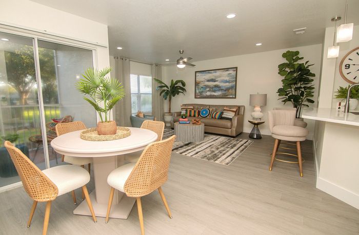 Bright and modern living space featuring a cozy dining area, comfortable seating, and lush indoor plants for a refreshing ambiance.