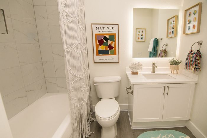 Elegant bathroom featuring a modern vanity with a large mirror, stylish decor, and a cozy bathtub with a chic macram&eacute; curtain.