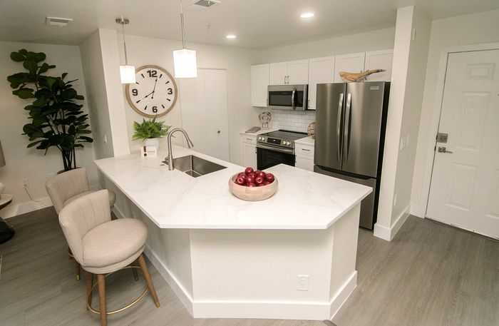 Chic modern kitchen with sleek countertops, stainless steel appliances, and elegant pendant lighting, perfect for stylish living.