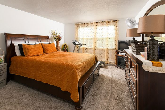 Bedroom with dark wood sleigh bed and dresser with a mirror