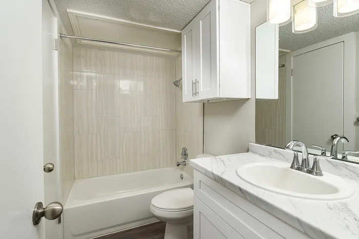 Elegant bathroom featuring a modern tub-shower combo, stylish marble countertop, and bright lighting.