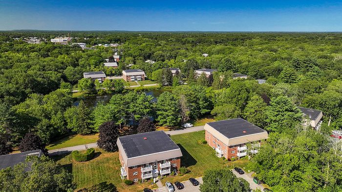 Captivating aerial view of modern apartment buildings surrounded by lush greenery and a serene pond, in a peaceful suburban setting.