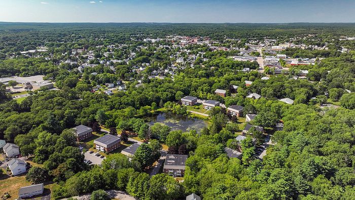 Scenic aerial view of a lush, green neighborhood with modern apartment buildings surrounded by nature, offering a serene and tranquil living environment near a picturesque pond.