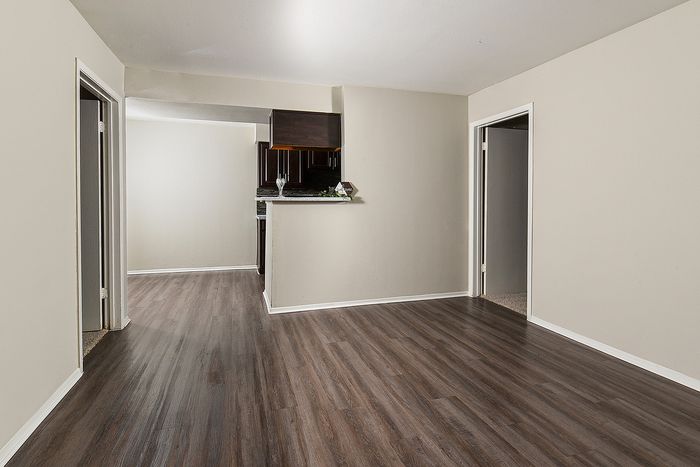 Modern apartment showcasing a spacious open layout with elegant wood flooring and a cozy kitchen area.