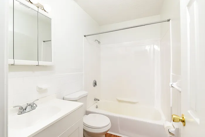 Bright and inviting bathroom with a modern white vanity, mirrored cabinet, and full bathtub for ultimate relaxation.