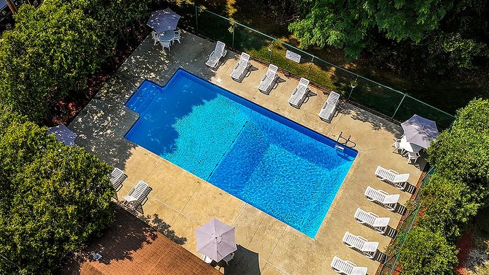 Inviting outdoor pool surrounded by lush greenery and lounge chairs, perfect for relaxation.