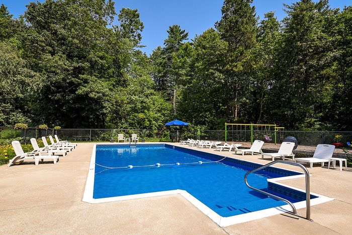 Inviting outdoor pool surrounded by lush greenery and comfortable lounge chairs, perfect for relaxation and leisure.