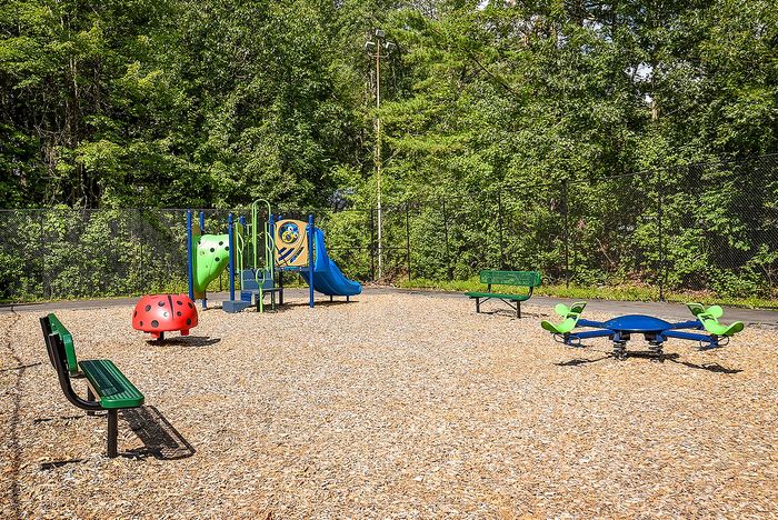Charming playground with colorful slides and fun play structures, surrounded by lush greenery for a vibrant outdoor experience.