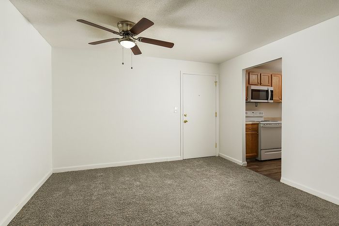 Bright living area with plush carpet, modern ceiling fan, and open entry to a cozy kitchen with wood cabinets.