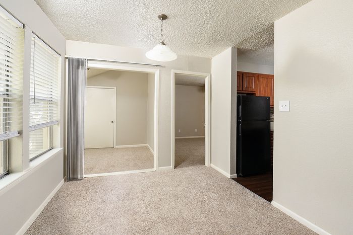 Bright and inviting apartment showcasing plush carpeted flooring, ample natural light through large windows, and a glimpse of a modern kitchen with sleek appliances.