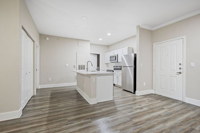 Modern apartment interior featuring a sleek kitchen with stainless steel appliances, elegant hardwood floors, and a spacious open layout.