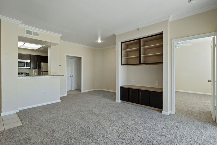 Inviting apartment with open living area, plush carpet, modern kitchen, and built-in shelving, perfect for comfortable living.