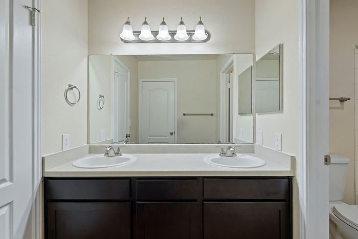 Elegant bathroom with dual sinks, modern lighting, and a large mirror adding a touch of luxury.