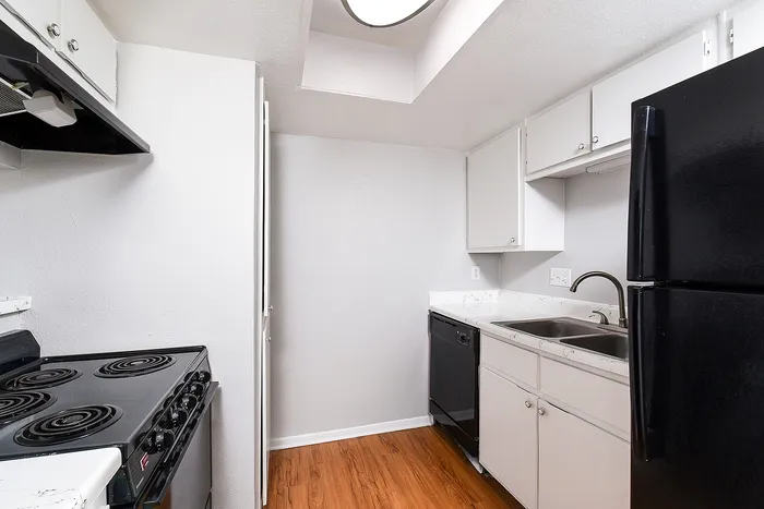 Bright and modern kitchen with sleek black appliances, elegant countertops, and hardwood floors.