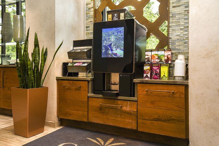 Modern coffee station with a sleek espresso machine, assorted teas, and stylish wooden cabinetry, accented by a lush potted plant.