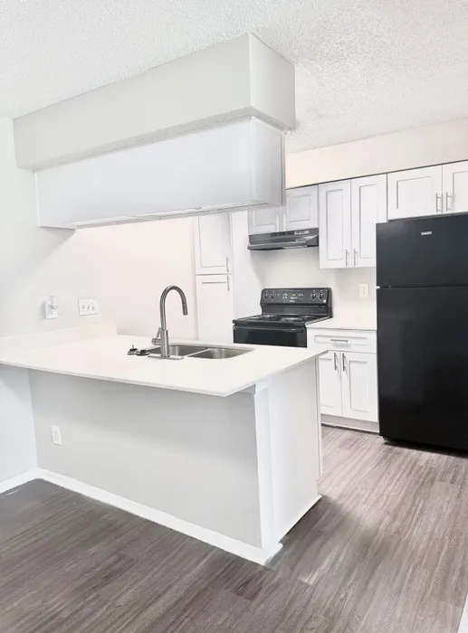 Modern kitchen with sleek white cabinetry, stylish countertops, and dark appliances offering a contemporary and inviting space.