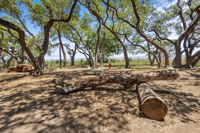 Scenic outdoor area with sprawling oak trees providing natural shade, a rustic wooden bench, and a charming natural setting ideal for relaxation.