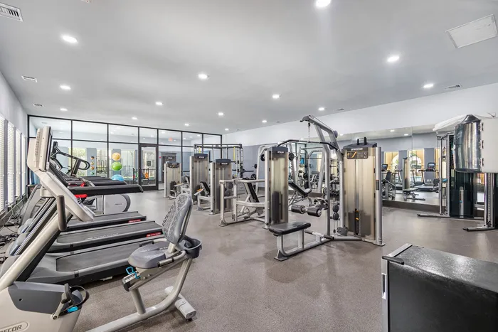 Bright, modern fitness center equipped with state-of-the-art exercise machines, treadmills, and ample natural light.