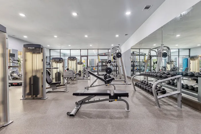 Modern gym with state-of-the-art equipment, featuring weight machines, benches, and ample lighting for an energetic workout environment.