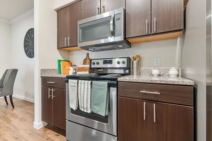 Chic and modern kitchen featuring stainless steel appliances, sleek dark wood cabinets, and elegant granite countertops.