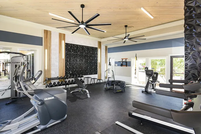 Modern fitness center with diverse equipment, sleek design, and natural light, perfect for energizing workouts.