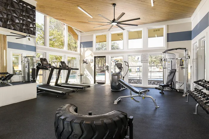 Bright and spacious gym with modern equipment, large windows, and high ceilings offering a motivating workout environment.
