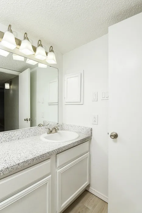 Bright and elegant bathroom with sleek granite countertop, large mirror, and modern vanity lights.