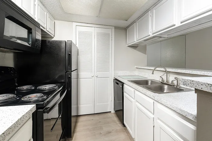 Modern kitchen with sleek black appliances, bright white cabinetry, and elegant countertops.
