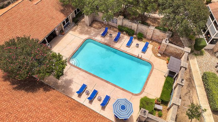 Inviting rooftop pool with elegant blue loungers and umbrellas, surrounded by lush greenery and a cozy courtyard setting.