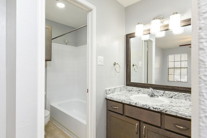 Modern bathroom with elegant granite countertop, sleek fixtures, and welcoming natural light.