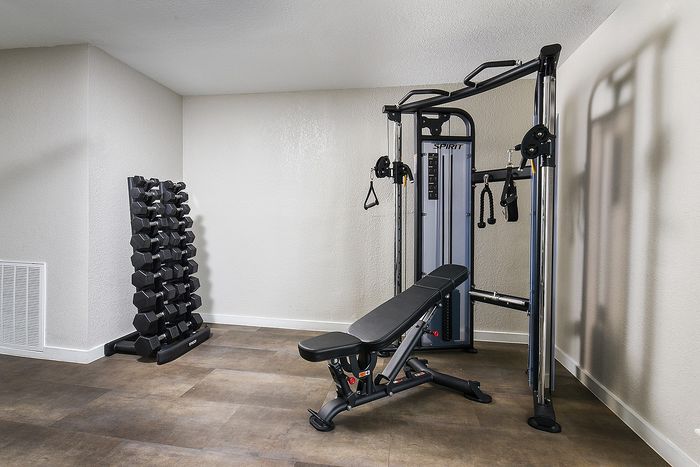 Contemporary home gym with sleek exercise equipment and dumbbells, offering a perfect fitness space.