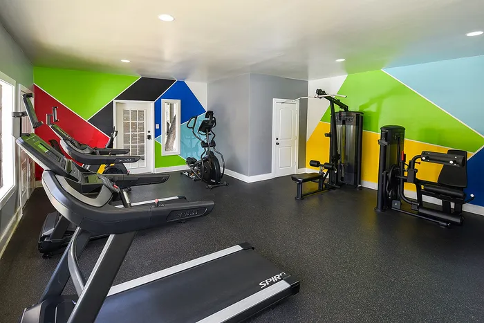 Modern fitness room with colorful geometric wall design, equipped with treadmills, an exercise bike, and weight machines for a vibrant workout experience.