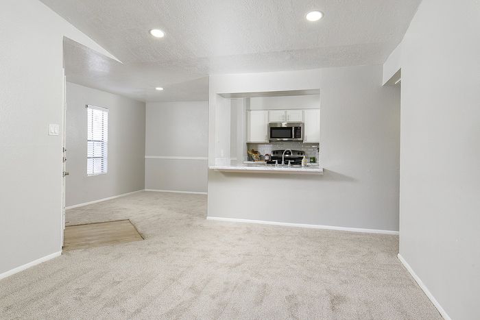 Bright and airy open-concept living space with plush carpet, modern kitchen, and elegant recessed lighting.