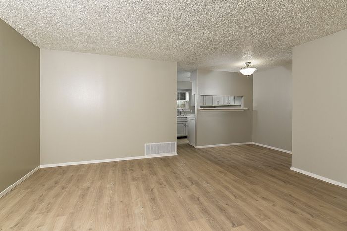Spacious open-plan living area with modern laminate flooring and natural light flowing from kitchen area.