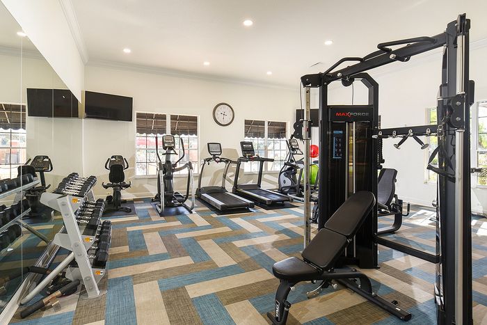 Modern gym with state-of-the-art equipment, including treadmills, elliptical machines, and a comprehensive weight training station, in a bright, inviting space with stylish patterned flooring.