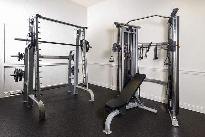 Modern apartment gym with state-of-the-art weightlifting and fitness equipment, offering a sleek and inviting workout space.